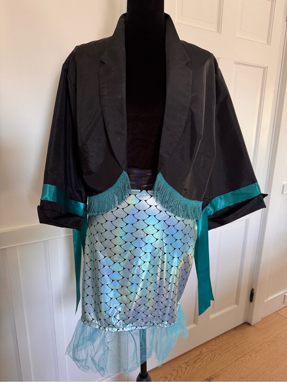 Mermaid Set - Bolero Jacket with Satin Trim & Rhinestone Flair & Satiny Skirt